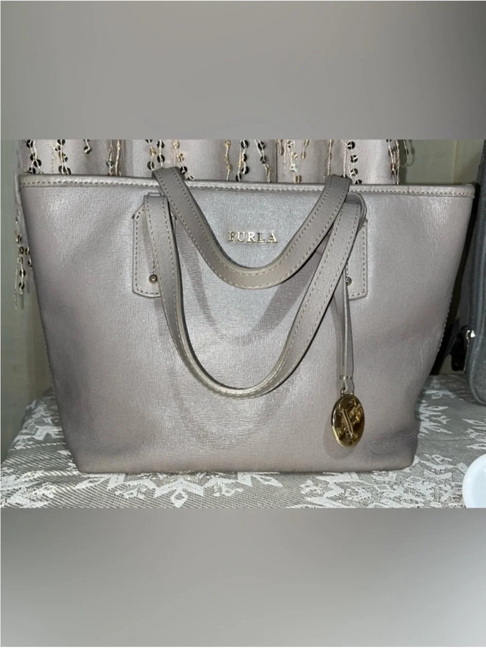 Furla Pearl Gray Italian Saffiano Leather Tote Purse Bag with Charm EUC